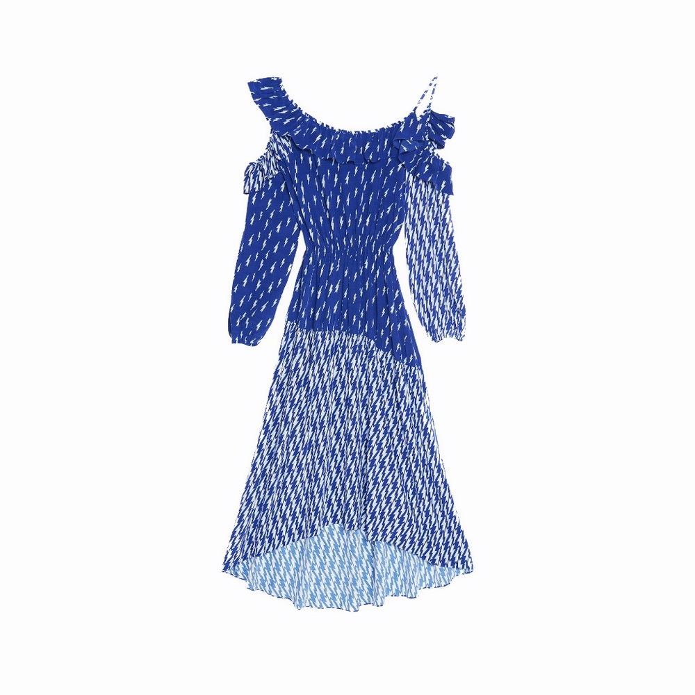 Sandro Cold Shoulder Printed Blue Midi Dress